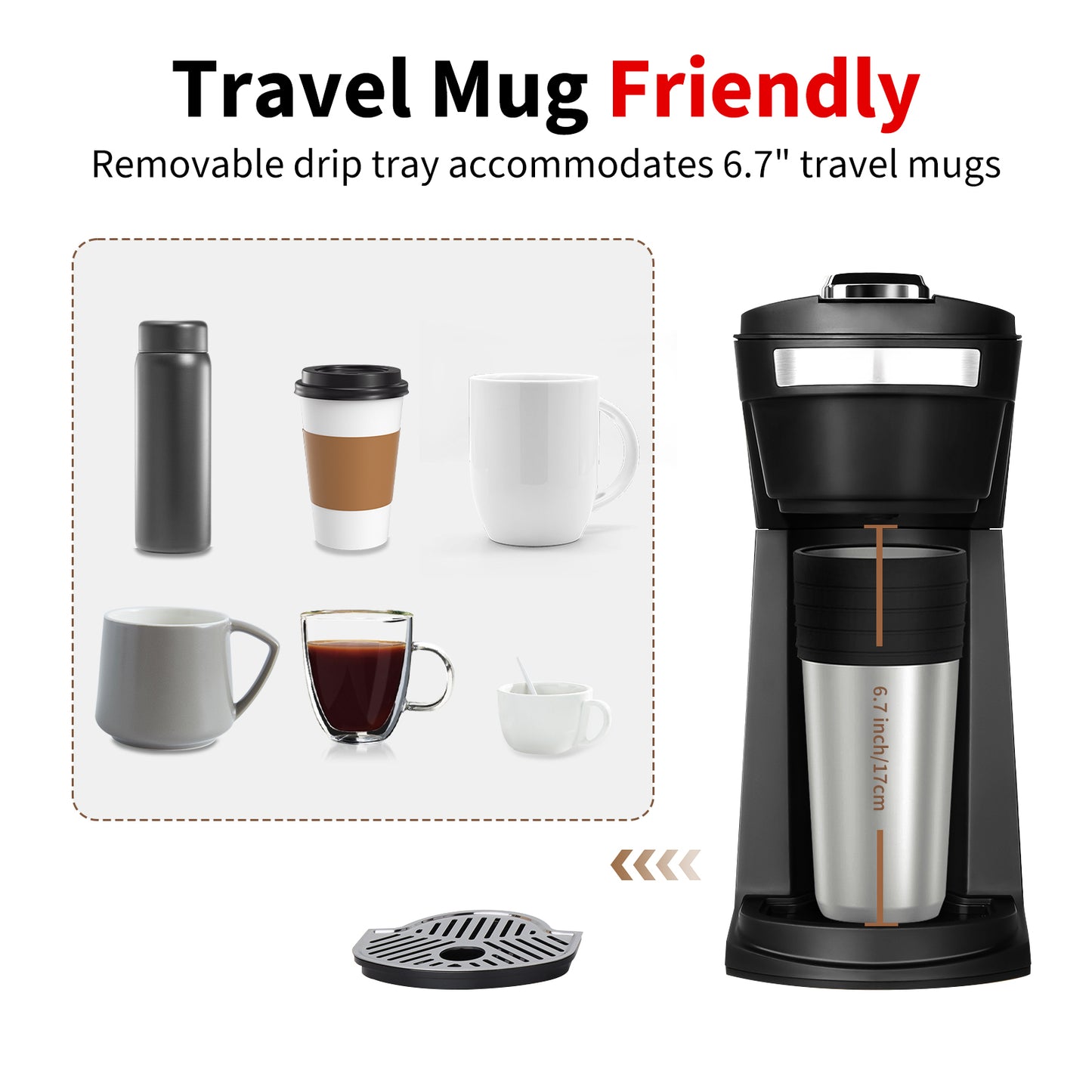 2 in 1 Single Serve Coffee Maker for K Cup Pods & Ground Coffee, Mini K Cup Coffee Machine with 6 to 14 oz Brew Sizes, Single Cup Coffee Brewer with One-Press Fast Brewing, Reusable Filters