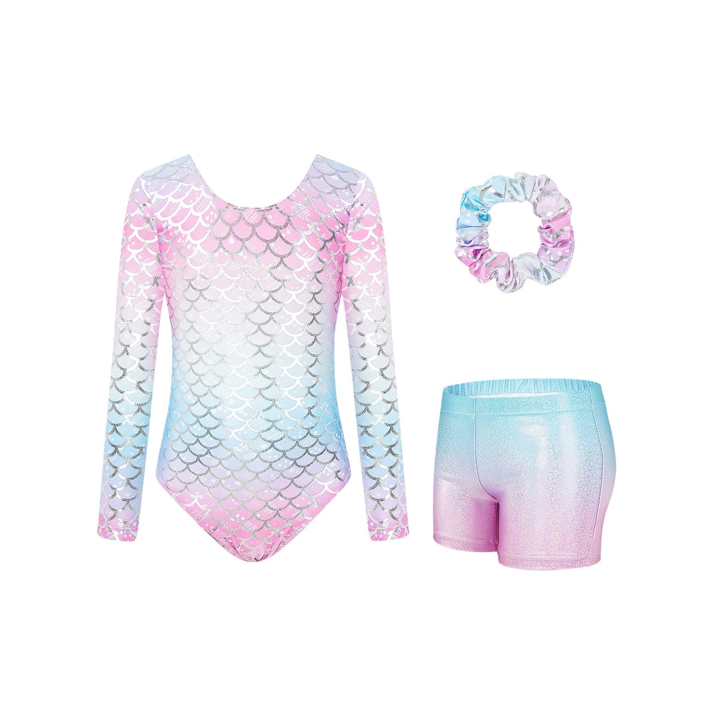 Girl Gymnastic Clothes 3PC Long Sleeve Sparkly with Shorts for Tumbling Outfits Dance Gymnastics Gifts for Girls Size 3-12 Fish Scale Pink