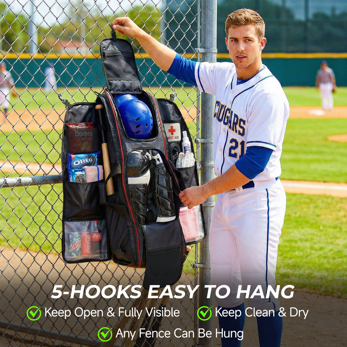 Fegat 100L Rolling Baseball Bag, Newly Catchers Gear Bag for Baseball Softball, Portable Waterproof Equipment Bag Holds 8 Bats, Stand-Up Base, Reflective Strip, Fence Hooks