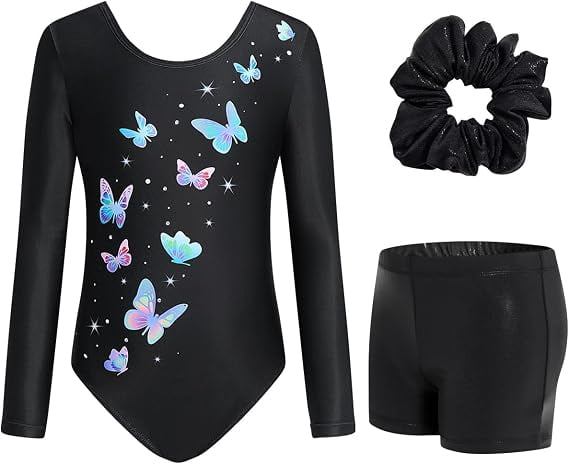 Leotards for Girls Gymnastics, Long Sleeve Sparkly Dance Biketards with Shorts Ballet Tumbling Outfit for 3-12 Years