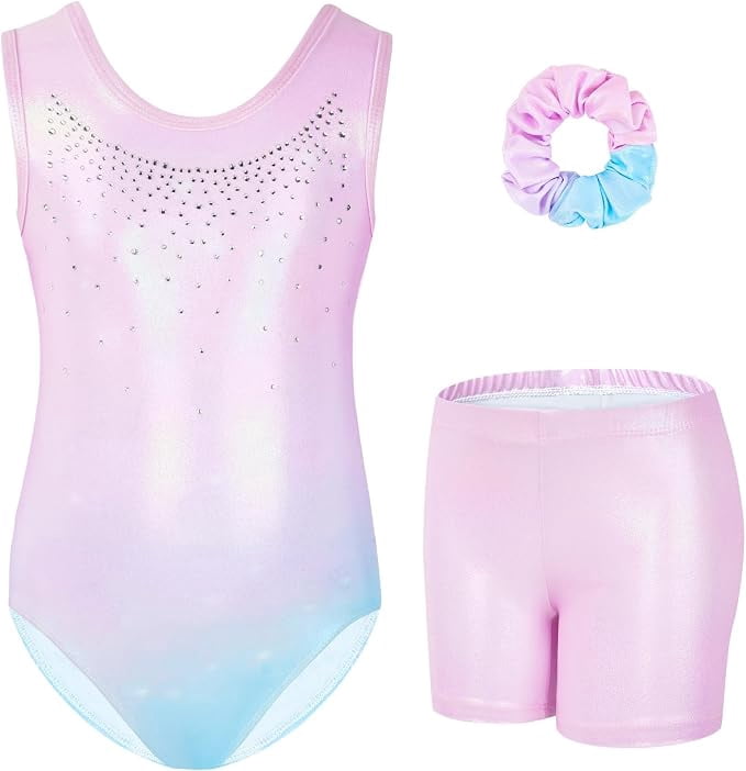 Gymnastics Leotards for Girls,Sleeveless Rhinestone Kids Dance Unitards Biketards with Shorts and Hair Scrunchie