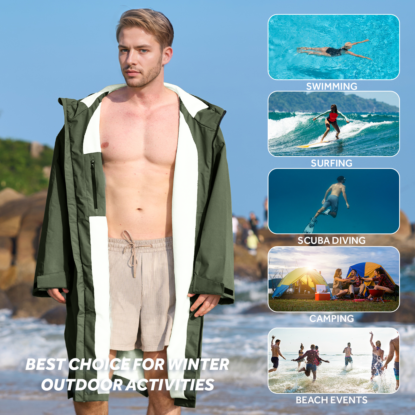 Lobmouse Swim Parka for Adult and Kids,Unisex Fleece Lined Hooded Swim Jacket,Waterproof Windproof Versatile Warm Coat Oversized Bat Wing Changing Poncho for Surfing Swimming