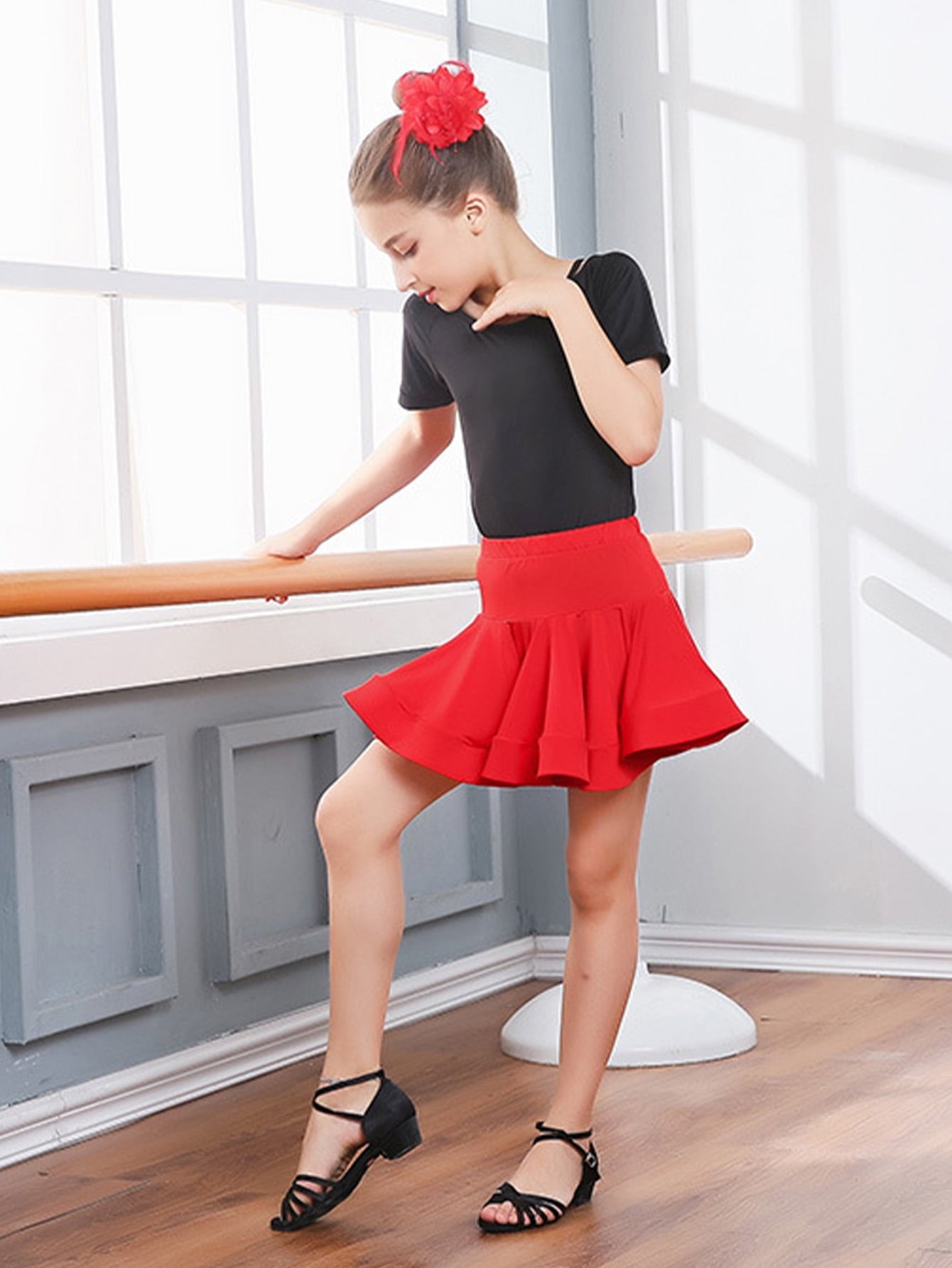 Girls Latin Dance Skirt with Built - in Shorts, Red Flared Hem Skirt for Dance Practice & Performance