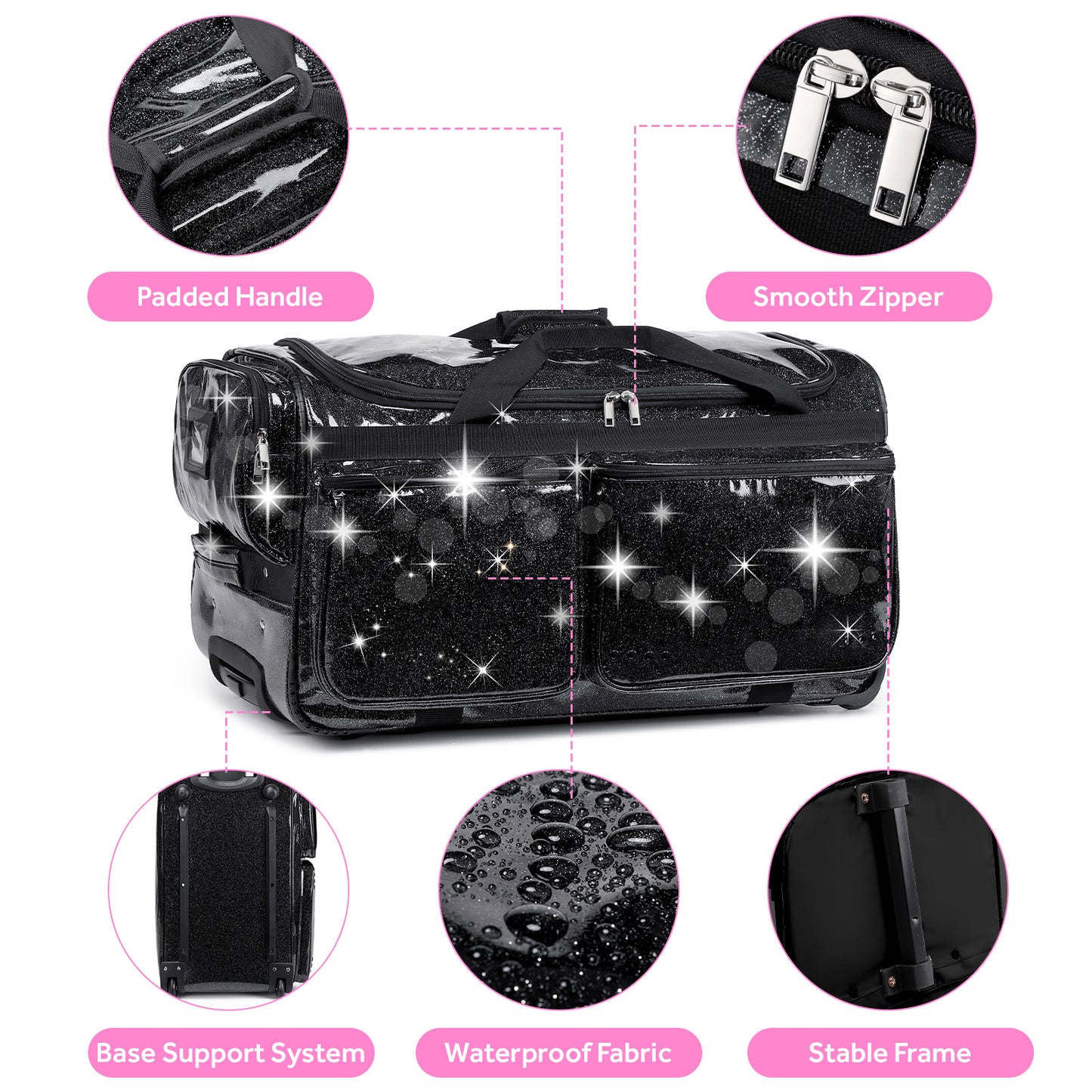 Fegat 28" Dance Bag with Garment Rack,Upgraded Collapsible Glittering Rolling Competition Dance Duffle Bag Lightweight Wear-Resistant Costume Wheeled Suitcase for Dancers Shows,Black