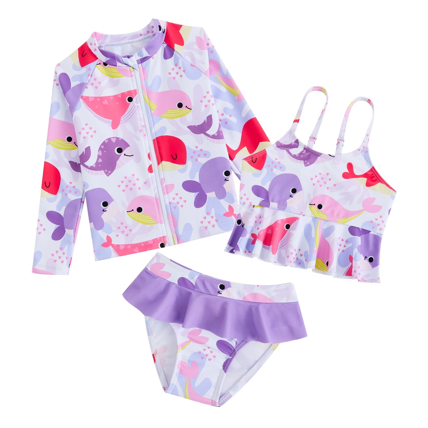 Bathing Suits for Girls with Long Sleeve Rash Guard 3PC Girls Ruffled Swimsuit Size 8 Cute Pettern