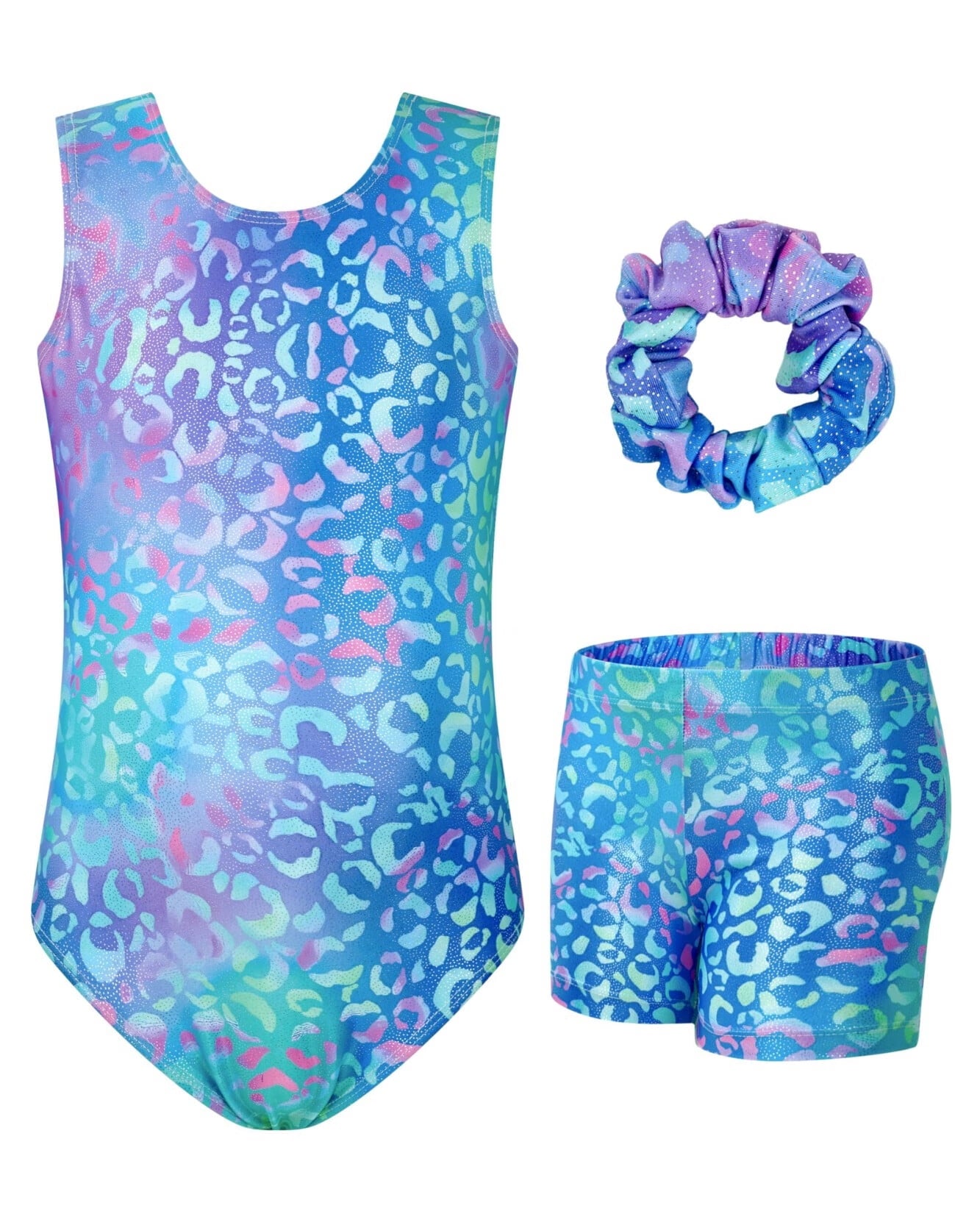 Girls Gymnastics Leotards Sleeveless U Shape Neck,Sparkly Dance Unitards with Shorts and Hair Rope for 3-12 Years girls