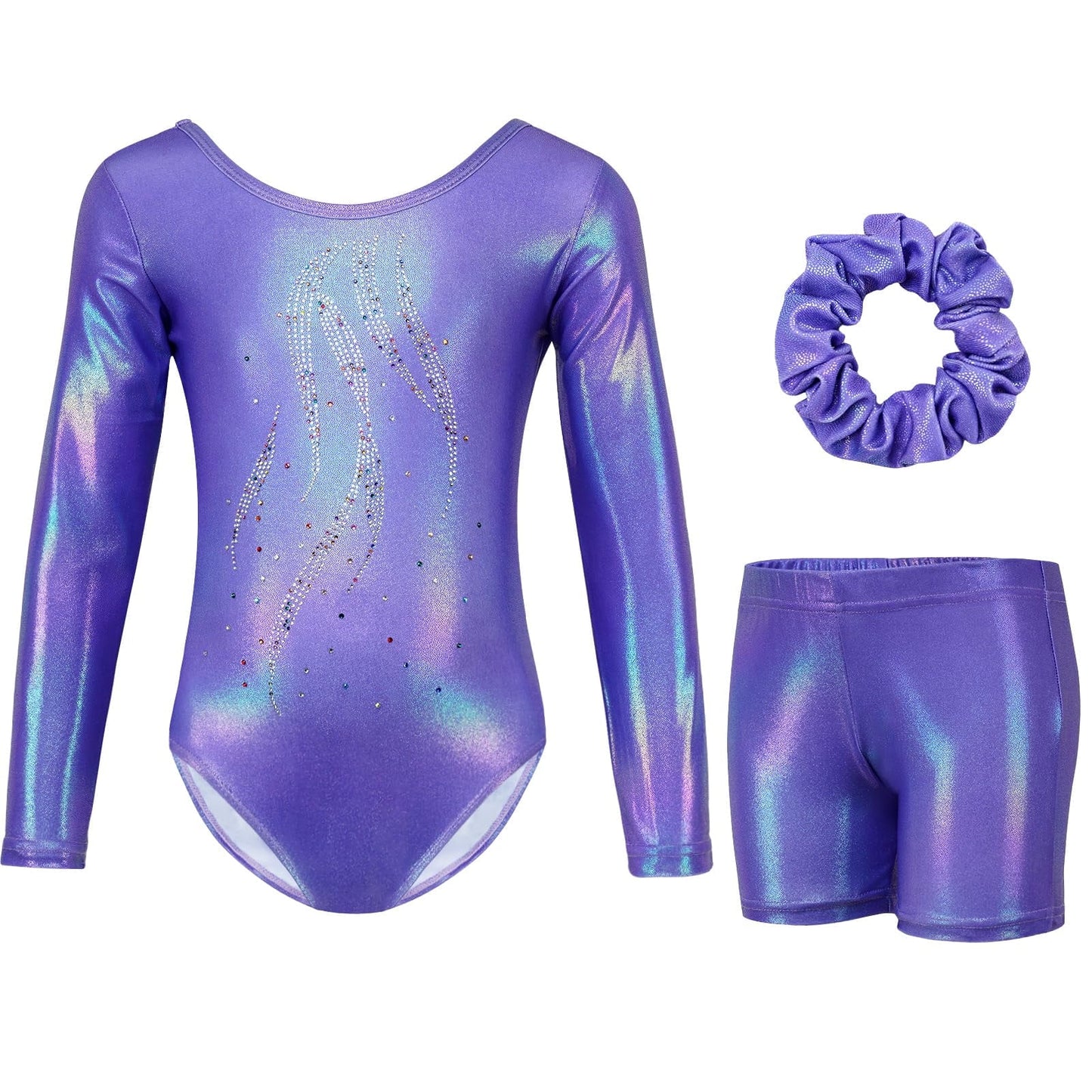 Gymnastics Leotards for Girls,Long Sleeve Rhinestone Kids Dance Unitards Biketards with Tumbling Dance Shorts