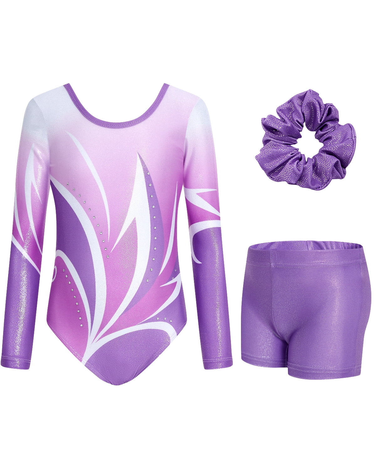 Gymnastics Leotards for Girls Cross Back,Long Sleeve Sparkly Dance Biketards with Shorts Ballet Outfit for 3-12 Years