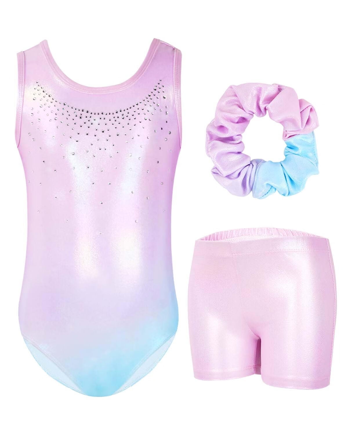 Gymnastics Leotards for Girls,Sleeveless Rhinestone Kids Dance Unitards Biketards with Shorts and Hair Scrunchie