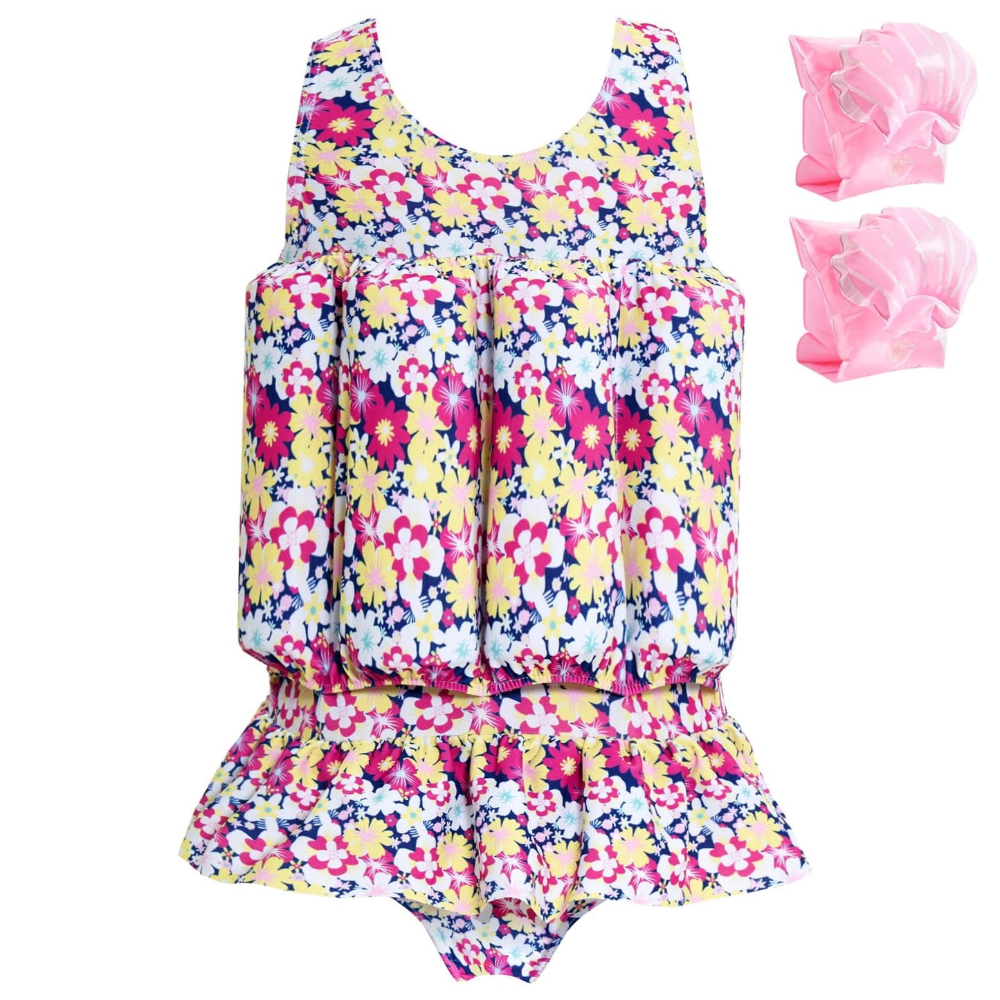 Koorium Baby Girls Flotation Swimsuit with Detachable Arm Floaties ¨C UPF 50+ Quick-Dry One-Piece Toddler Swim Vest, Swimwear with Floatation for Pool & Beach