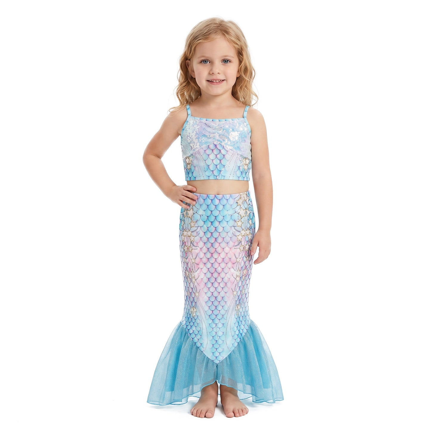 3 Piece Scale Print Mermaid Swimwear Set Sparkly Swimsuit with Fish Tail Skirt for Little Girls Ages 5T