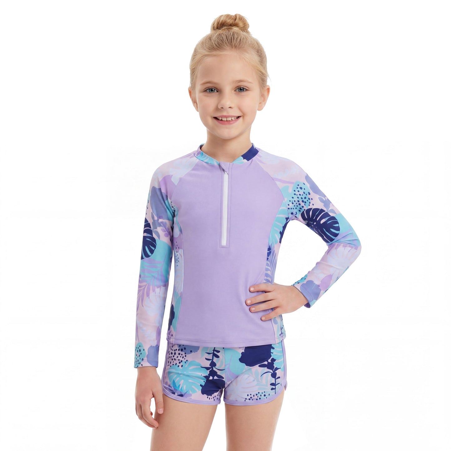 Girls 2PC Long Sleeve Full Coverage Rash Guard Swimsuit Set with Front Zipper Sun Protection Swimwear Quick Dry Bathing Suit for Girls Kids 8-12 Years
