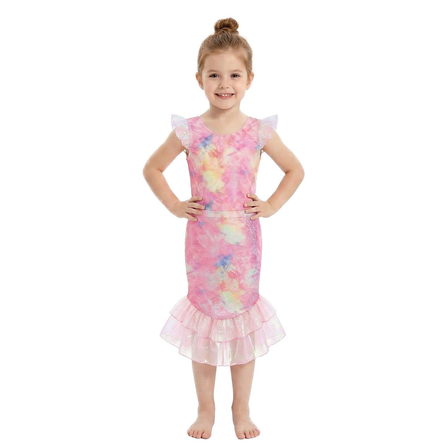 Girls Two Piece Fish Tail Skirt Swimwear Set Cosplay Swimsuit Color Gradient Scale Print Swim Top with Lotus Bud and Skirt Set for Kids Girls 7-8 Years