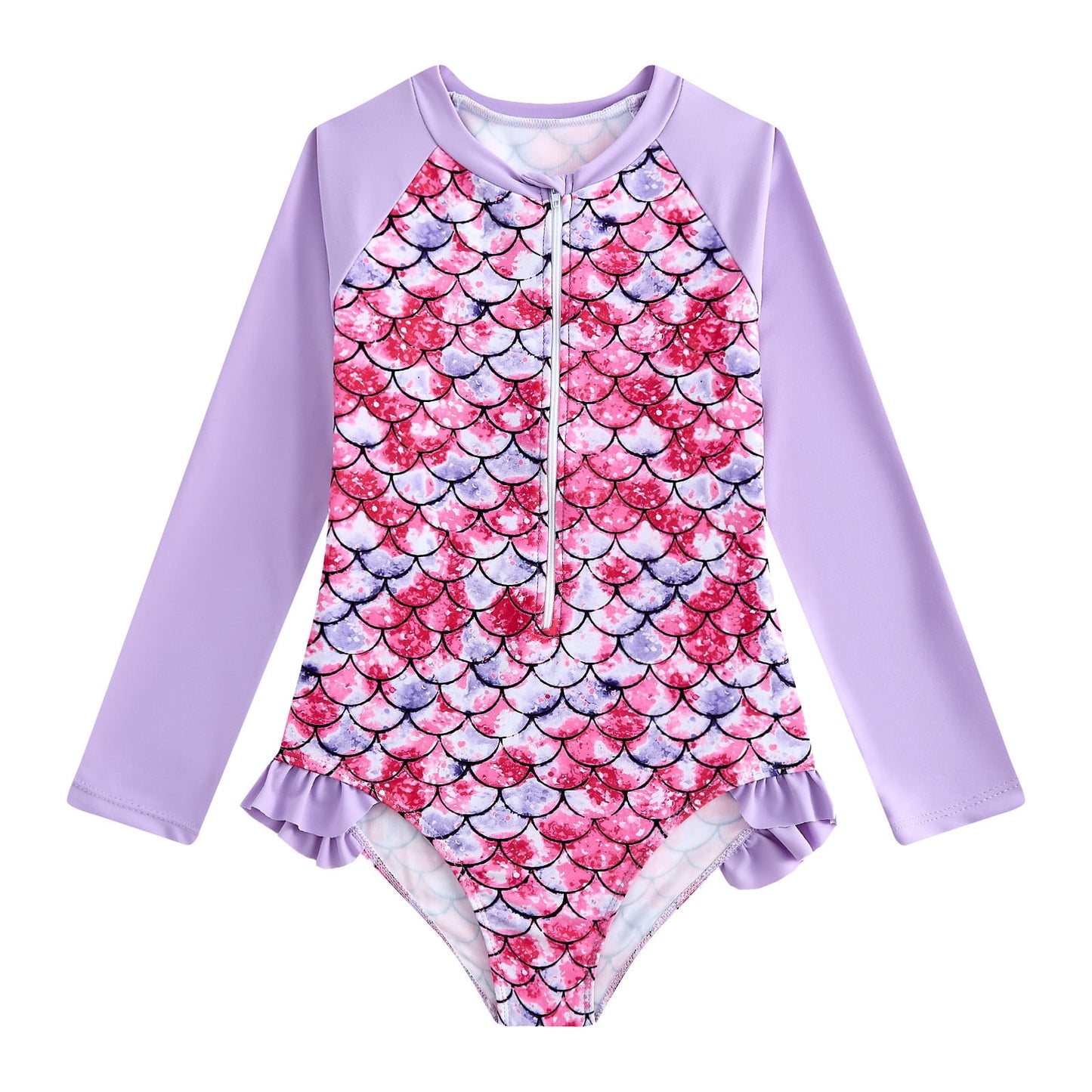 Girls Scale Print One Piece Swimsuit Mermaid Long Sleeve Costume Rash Guard Swimsuit Size 5Y