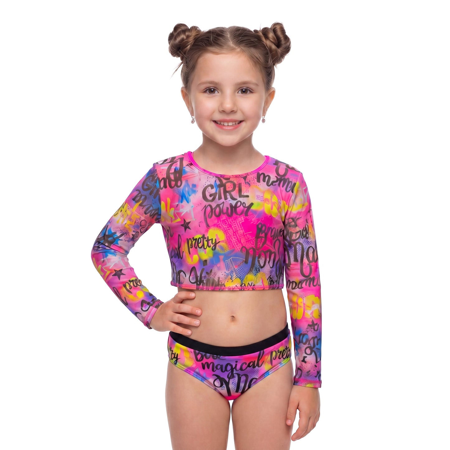 Girls 3PCS Bikini Swimsuit Set with Long Sleeve Mesh Top Vibrant Color Print Swimwear for Kids Girls 13-14 Years