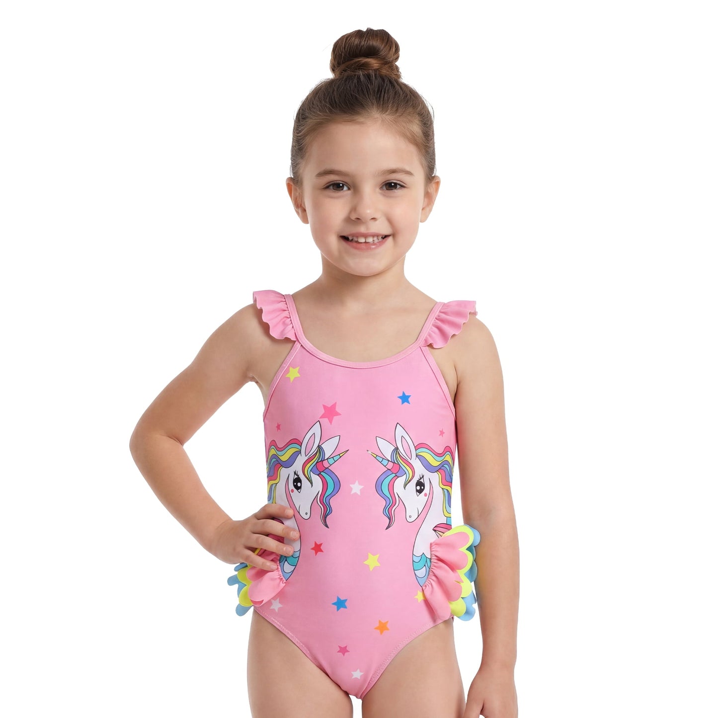 Girls One Piece Cartoon Swimsuit with Colorful Ruffles Design Cute Character Swimwear for Kids Girls 3T