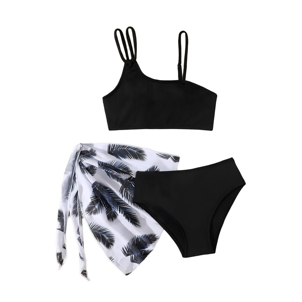 Girls 3PCS Bikini Swimwear with Leaf Print Cover Up Skirt Summer Bathing Suits for Girls Ages 8Y