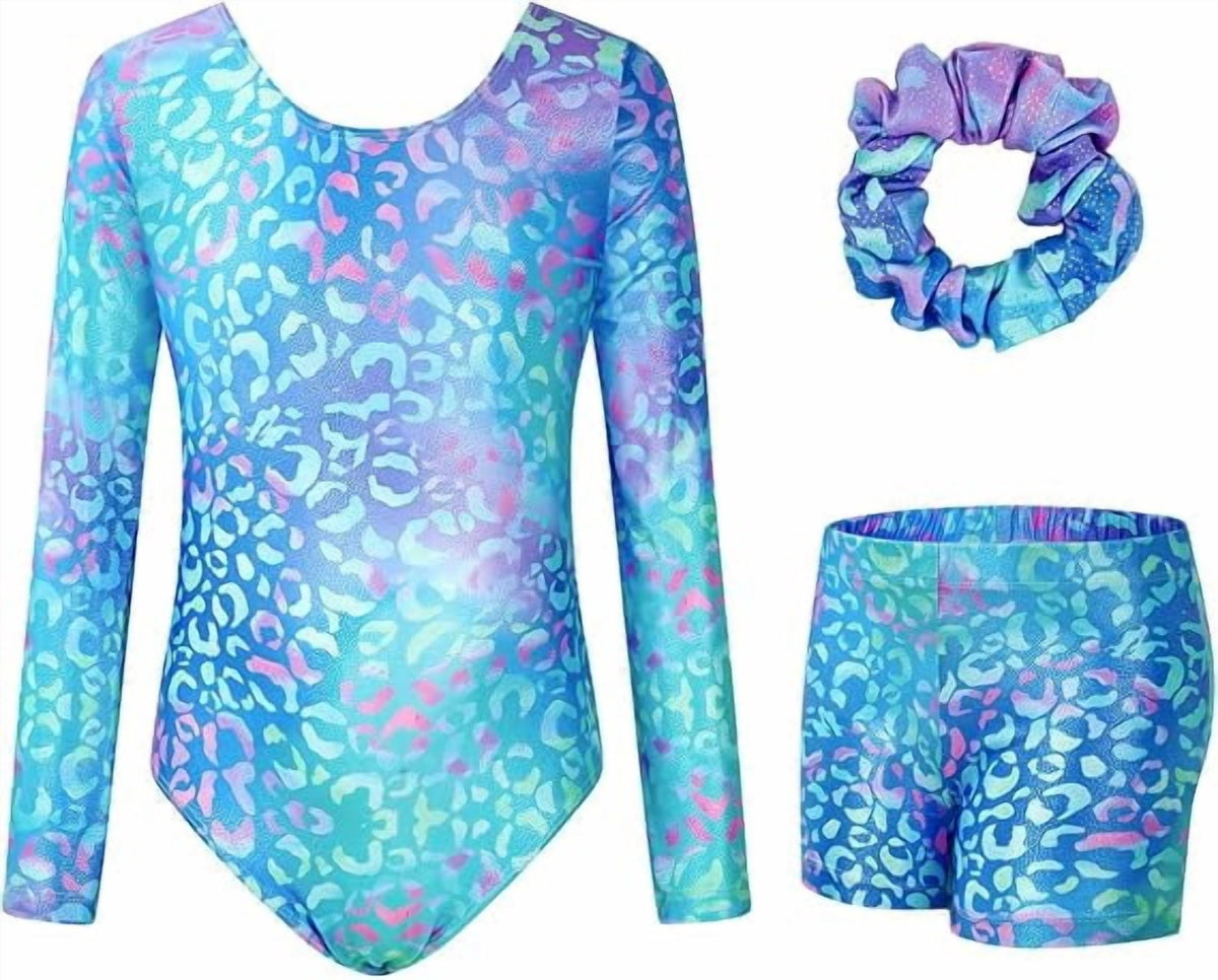 Leotards for Girls Gymnastics, Long Sleeve Sparkly Dance Biketards with Shorts Ballet Tumbling Outfit for 3-12 Years
