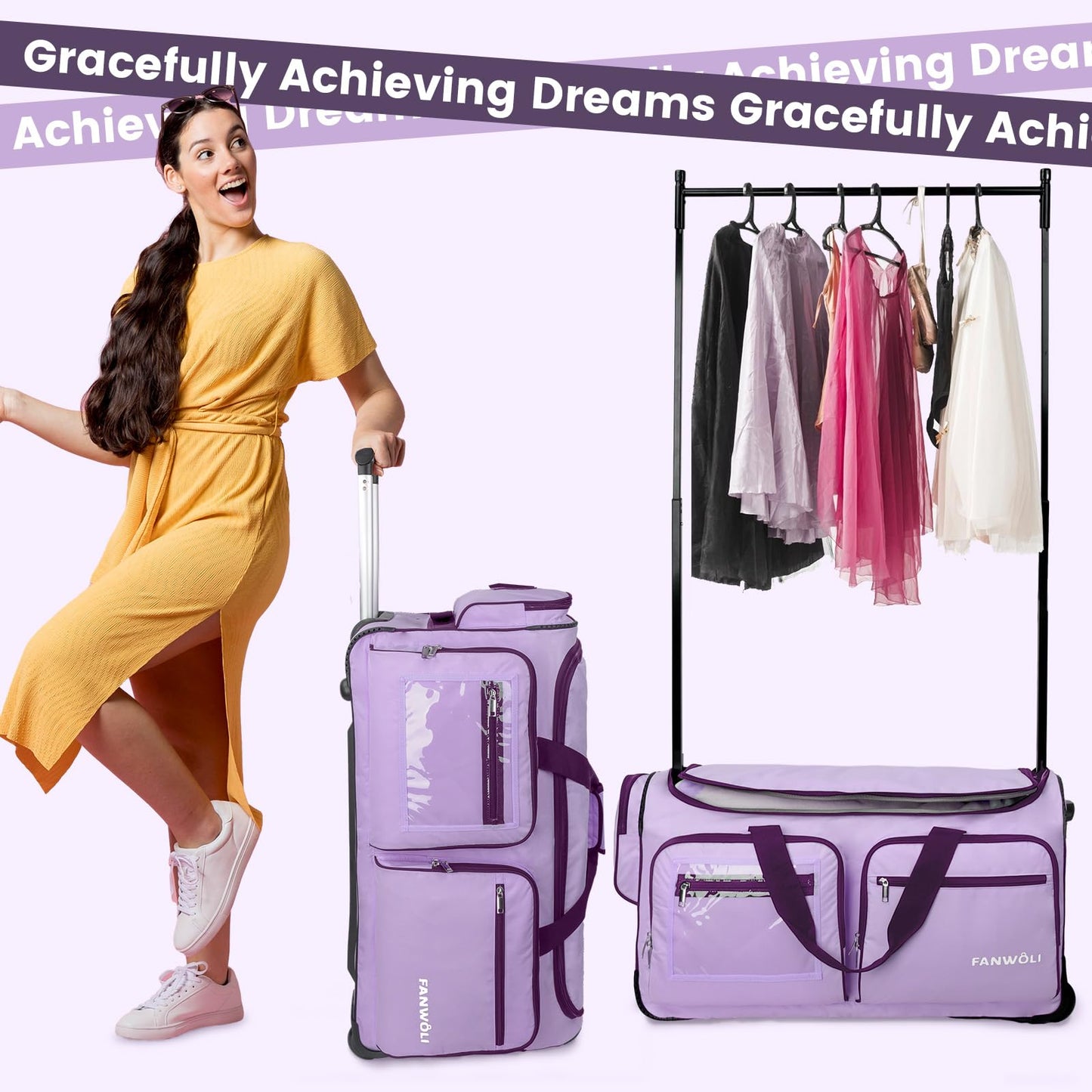 Fanwoli Dance Bag with Garment Rack - 28"Collapsible Rolling Competition Dance Duffle Bag Lightweight Costume Wheeled Suitcase for Dancers Shows Livestreamer Athletes,Purple