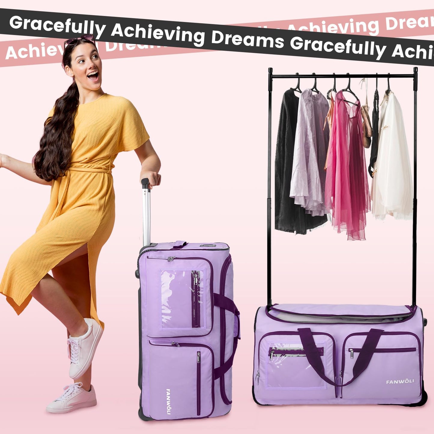 Fanwoli Dance Bag with Garment Rack, 23" Foldable Rolling Dance Bags Duffel Bag with Privacy Cover, Costume Suitcase for Dancers Shows Athletes