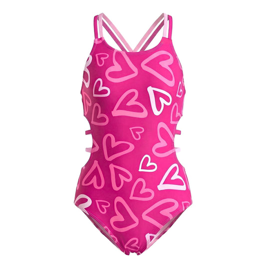 Girls One Piece Swimsuits Side waist hollowed-out design Girls Bathing Suits Size 5-12 Cute Heart Pattern Rose Red
