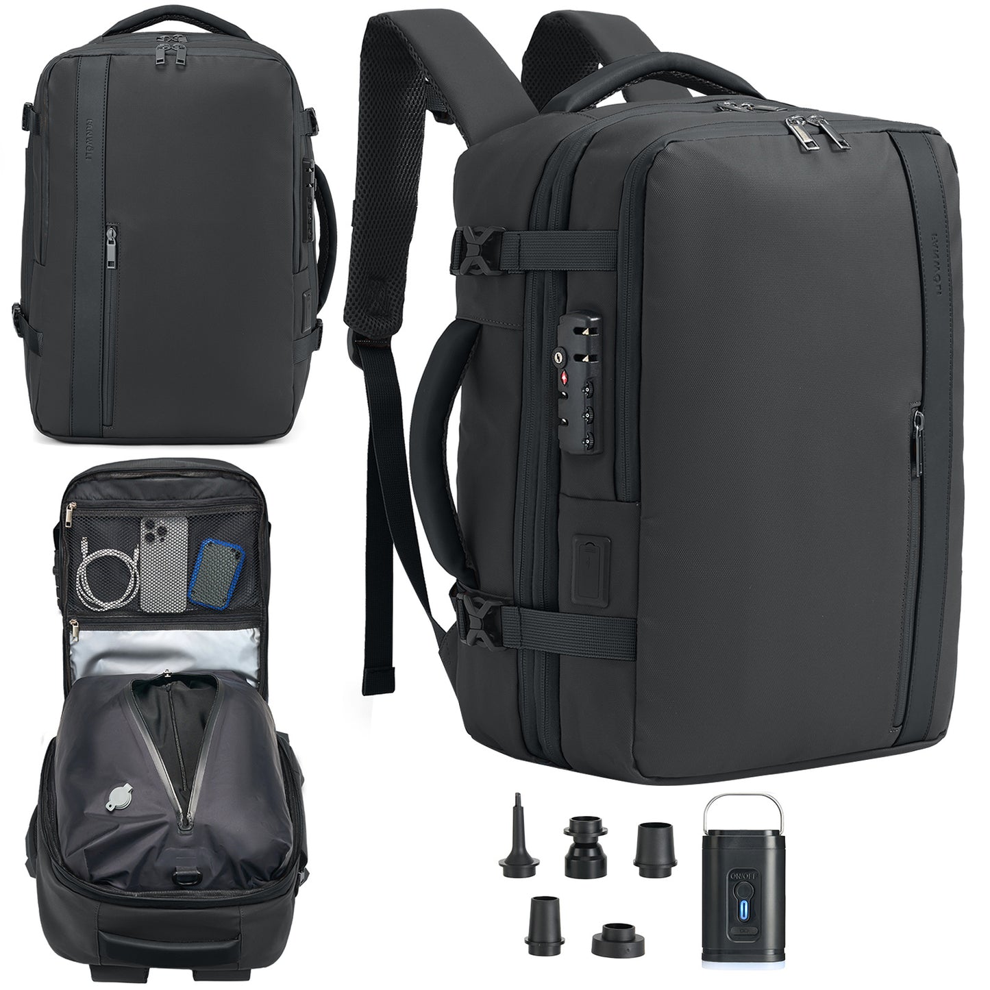 Fegat Vacuum Backpack for Travel,60L Expandable Compression Bag with Pump & TSA Lock,Vacuum Seal Backpack Flight Approved,Airbag Personal Item Carry on Backpacks for Travel Business