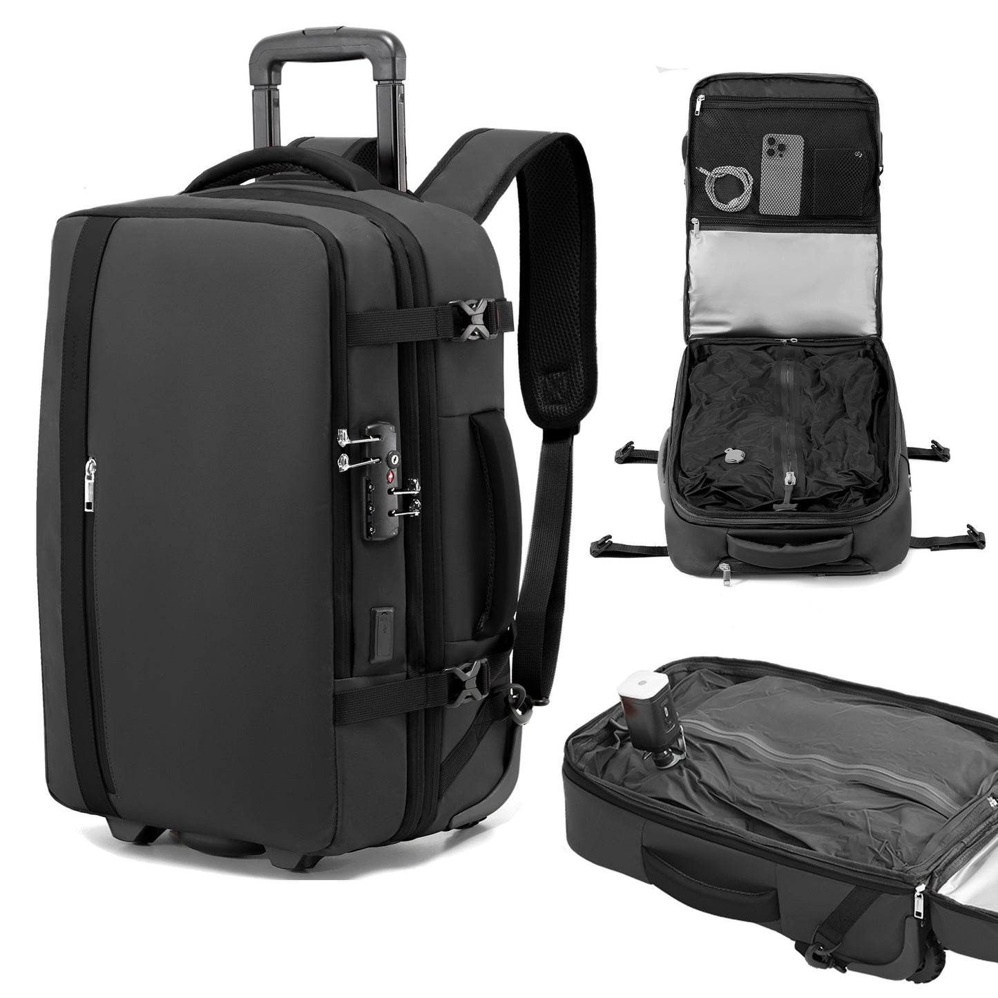 Fegat Rolling Vacuum Travel Backpack, 70L Expandable Compression Bag with Vacuum Pump,TSA Lock,Waterproof Carry on Luggage Vacuum Seal Backpacks Flight Approved for Travel Business Casual