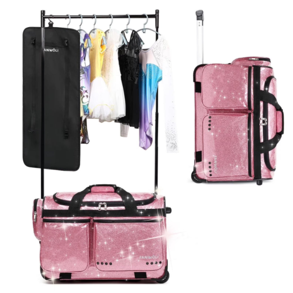 Fegat 28" Dance Bag with Garment Rack,Upgraded Collapsible Glittering Rolling Competition Dance Duffle Bag Lightweight Wear-Resistant Costume Wheeled Suitcase for Dancers Shows,Black