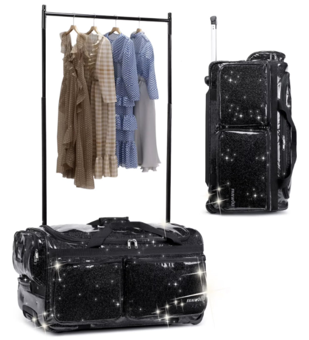 Fegat 28" Dance Bag with Garment Rack,Upgraded Collapsible Glittering Rolling Competition Dance Duffle Bag Lightweight Wear-Resistant Costume Wheeled Suitcase for Dancers Shows,Black