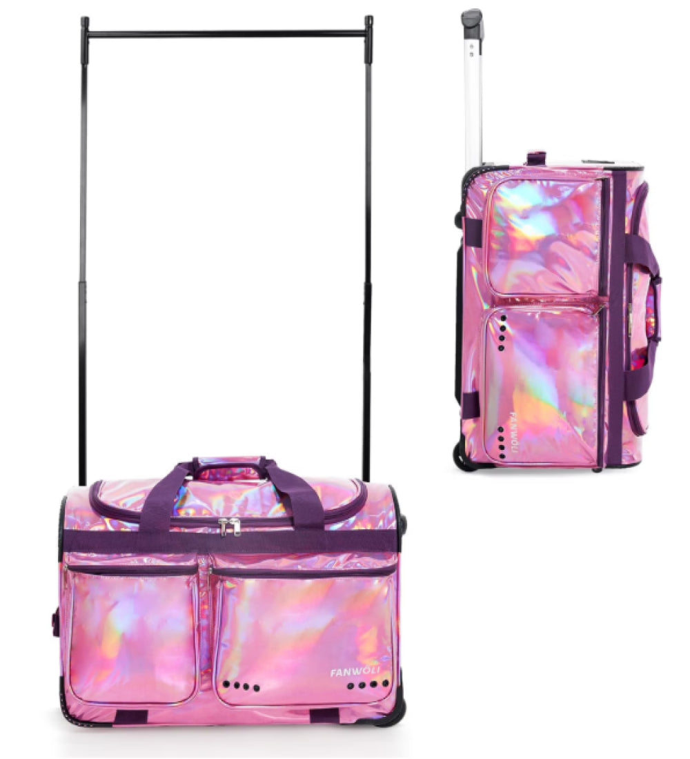 Fegat Dance Bag with Garment Rack, 23" Glittering Rolling Dance Competition Bag Prism-Glowing Waterproof Dance Duffel Bag Costume Suitcase for Dancers Performer Artist,Sparkle Purple