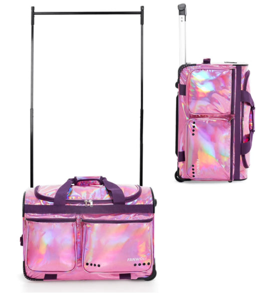Fegat Dance Bag with Garment Rack, 23" Glittering Rolling Dance Competition Bag Prism-Glowing Waterproof Dance Duffel Bag Costume Suitcase for Dancers Performer Artist,Sparkle Purple