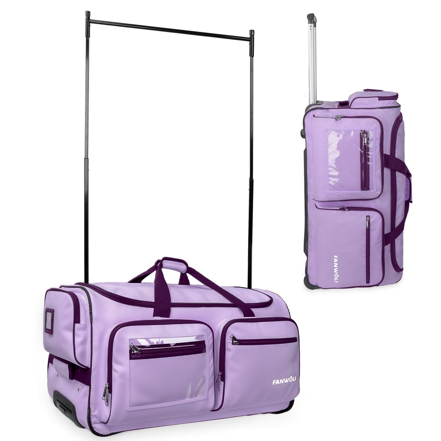 Fanwoli Dance Bag with Garment Rack - 28"Collapsible Rolling Competition Dance Duffle Bag Lightweight Costume Wheeled Suitcase for Dancers Shows Livestreamer Athletes,Purple