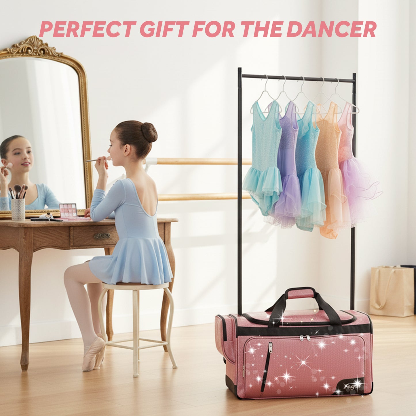 Fegat 28" Dance Bag with Garment Rack,Upgraded Glitter Rolling Competition Dance Duffel Bag Waterproof Costume Travel Bag Costume Suitcase for Dancer Performer Athletes,Gold