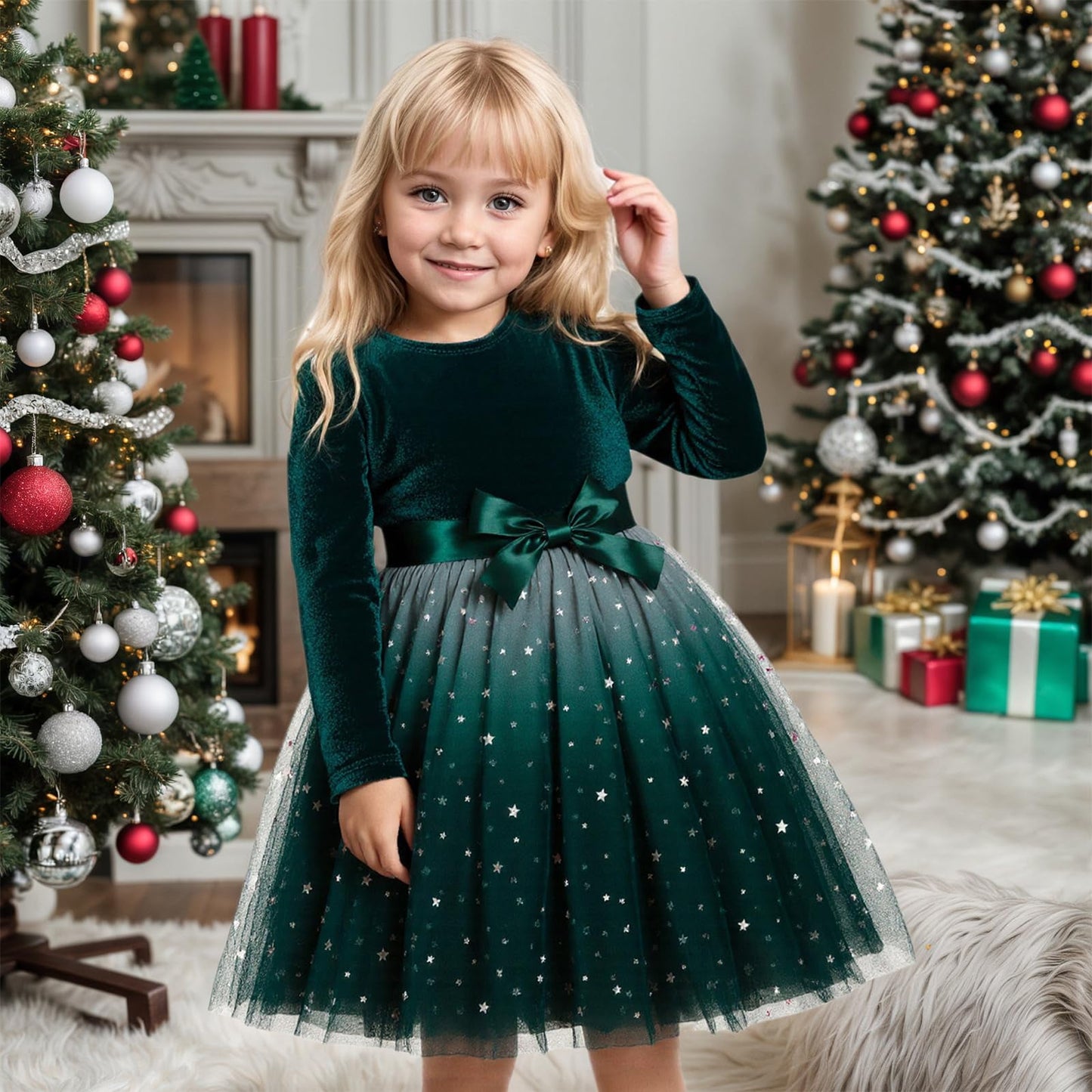 Toddler Girls Christmas Dresses Tutu Long Sleeve Velvet Tulle Fall Winter Princess Star Sequin Ruffle Holiday Party Birthday Xmas Dresses Black 4T(100)