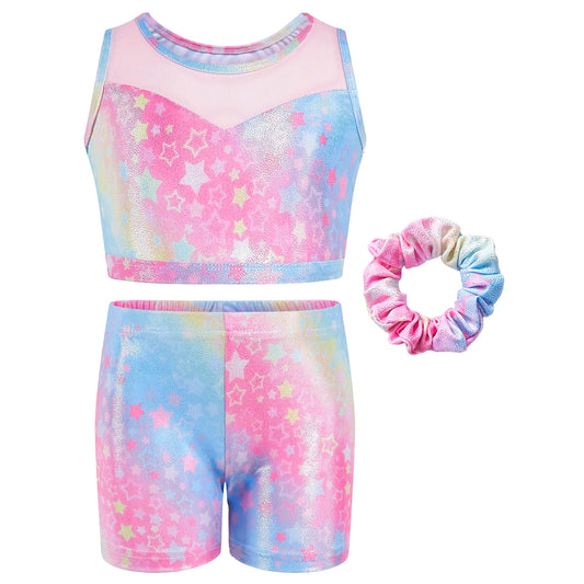 Two Piece Leotards for Girls Gymnastics with Shorts Ballet Tumbling Outfit Hollow Back Design