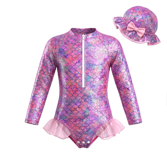 Girls One Piece Swimsuit Long Sleeve Rash Guard Swimsuit Cute Hat Bathing Suit girl Bathing Suit Set for 2-8 Years