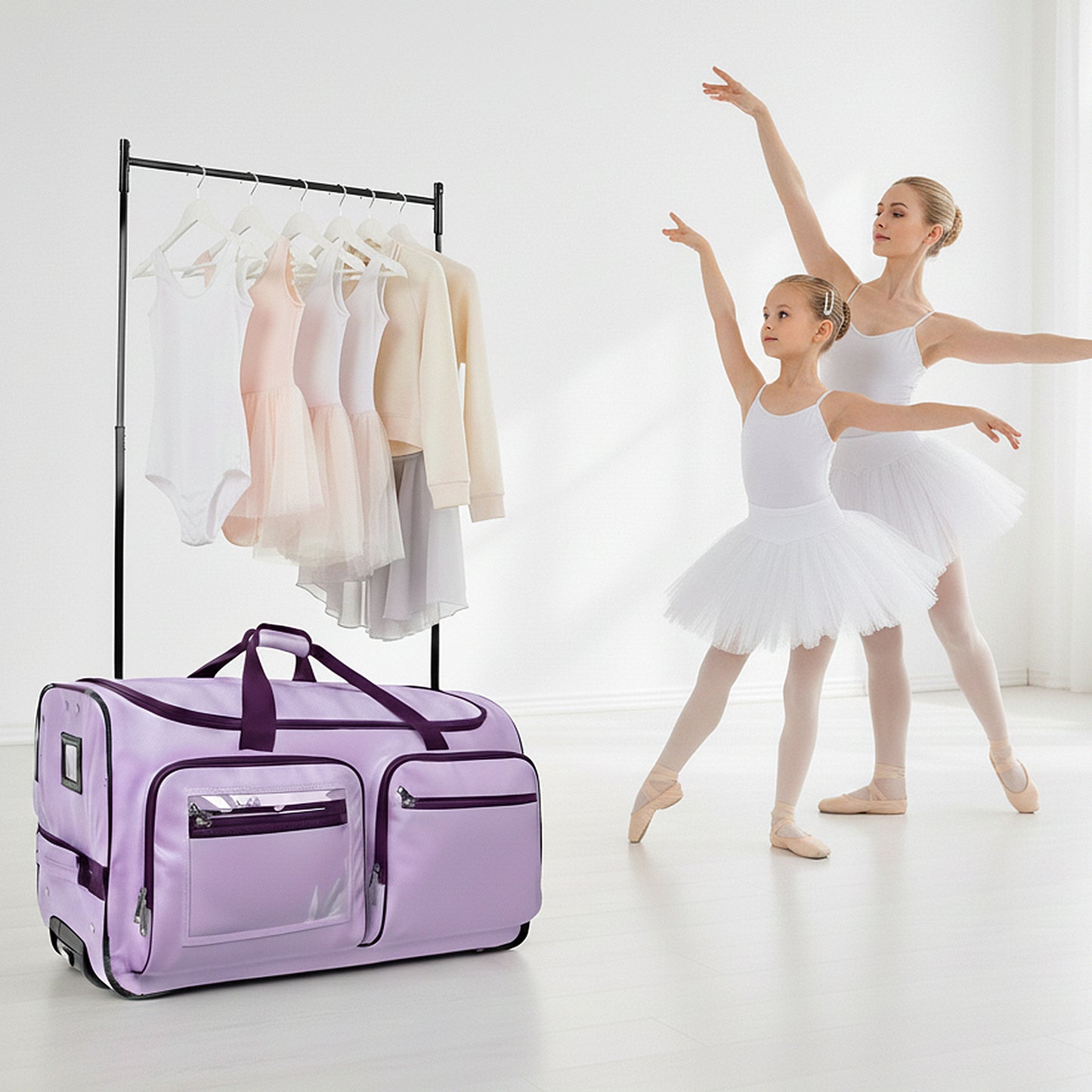 Fegat Dance Bag with Garment Rack - 28"Collapsible Rolling Competition Dance Duffle Bag Lightweight Costume Wheeled Suitcase for Dancers Shows Livestreamer Athletes,Purple