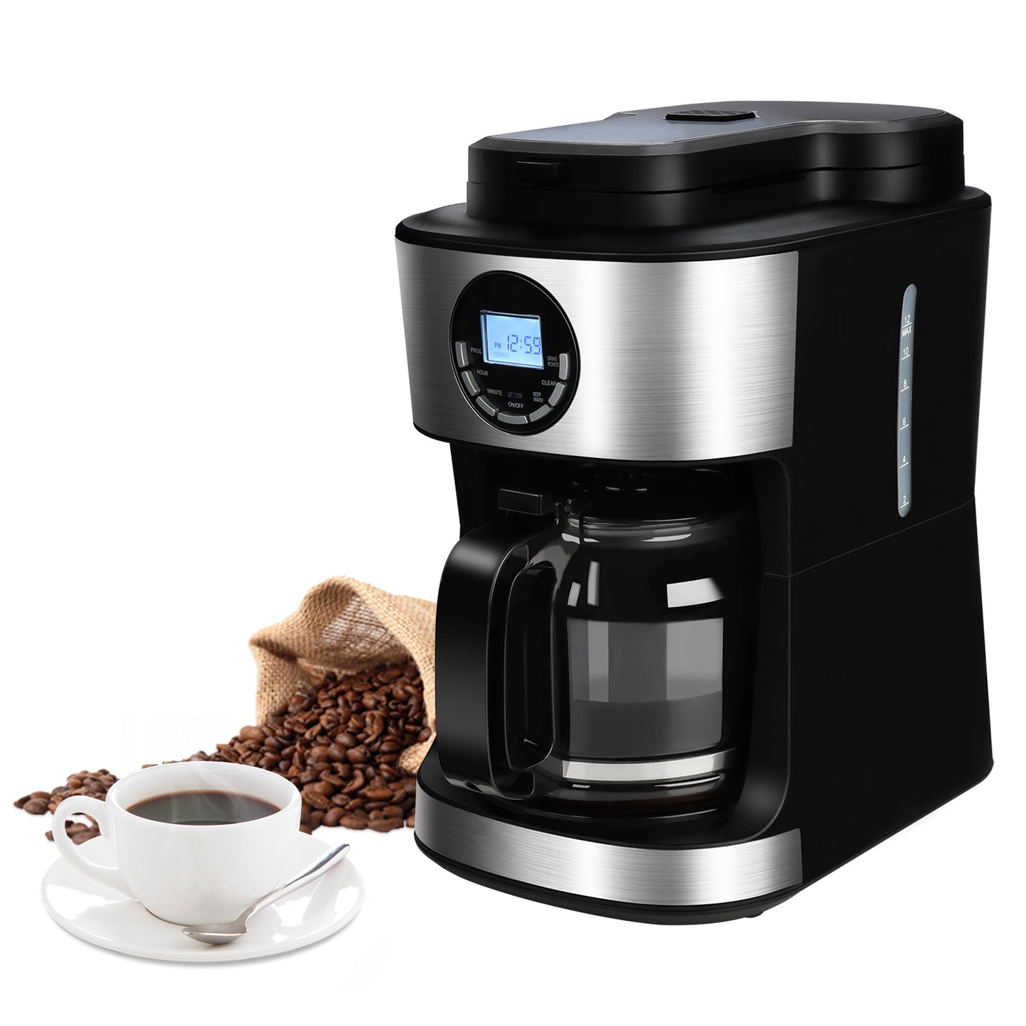 Kuhitley Coffee Maker with Grinder 12 Cups, Programmable Grind and Brew Coffee Machine with Warming Plate, Automatic Drip Coffee Pot with 60 oz Glass Carafe BPA Free, 950W, Black