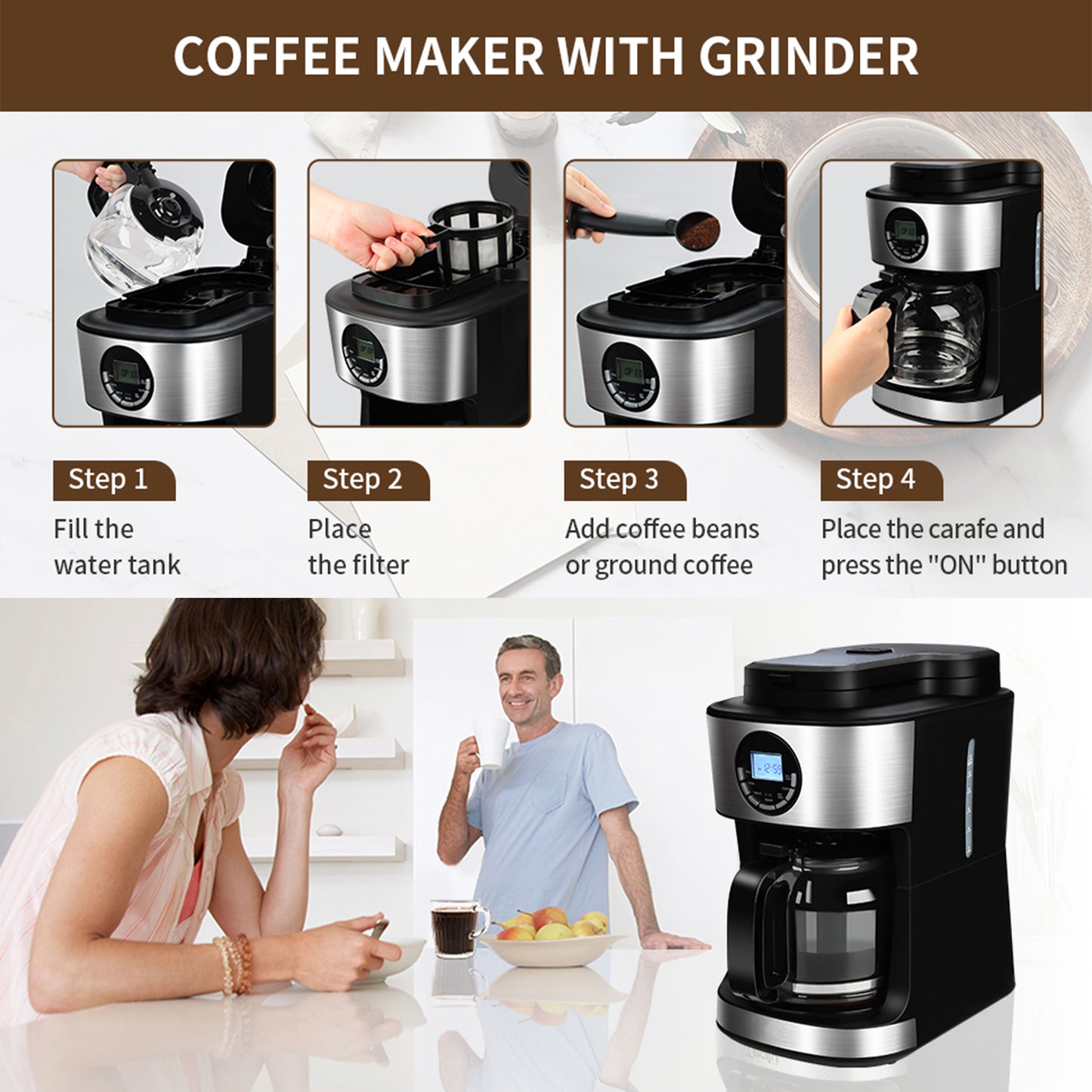 Kuhitley Coffee Maker with Grinder 12 Cups, Programmable Grind and Brew Coffee Machine with Warming Plate, Automatic Drip Coffee Pot with 60 oz Glass Carafe BPA Free, 950W, Black