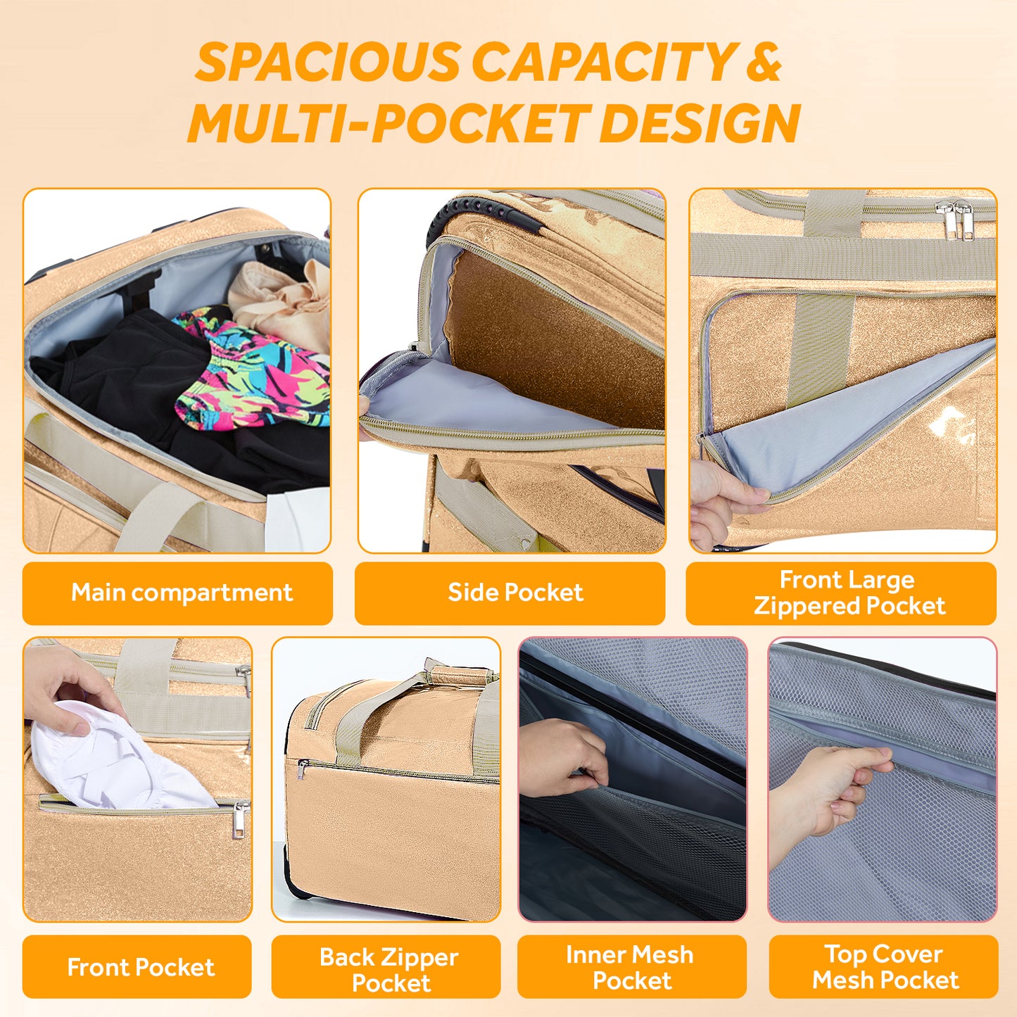 Fegat 28" Dance Bag with Garment Rack,Upgraded Glitter Rolling Competition Dance Duffel Bag Waterproof Costume Travel Bag Costume Suitcase for Dancer Performer Athletes,Gold