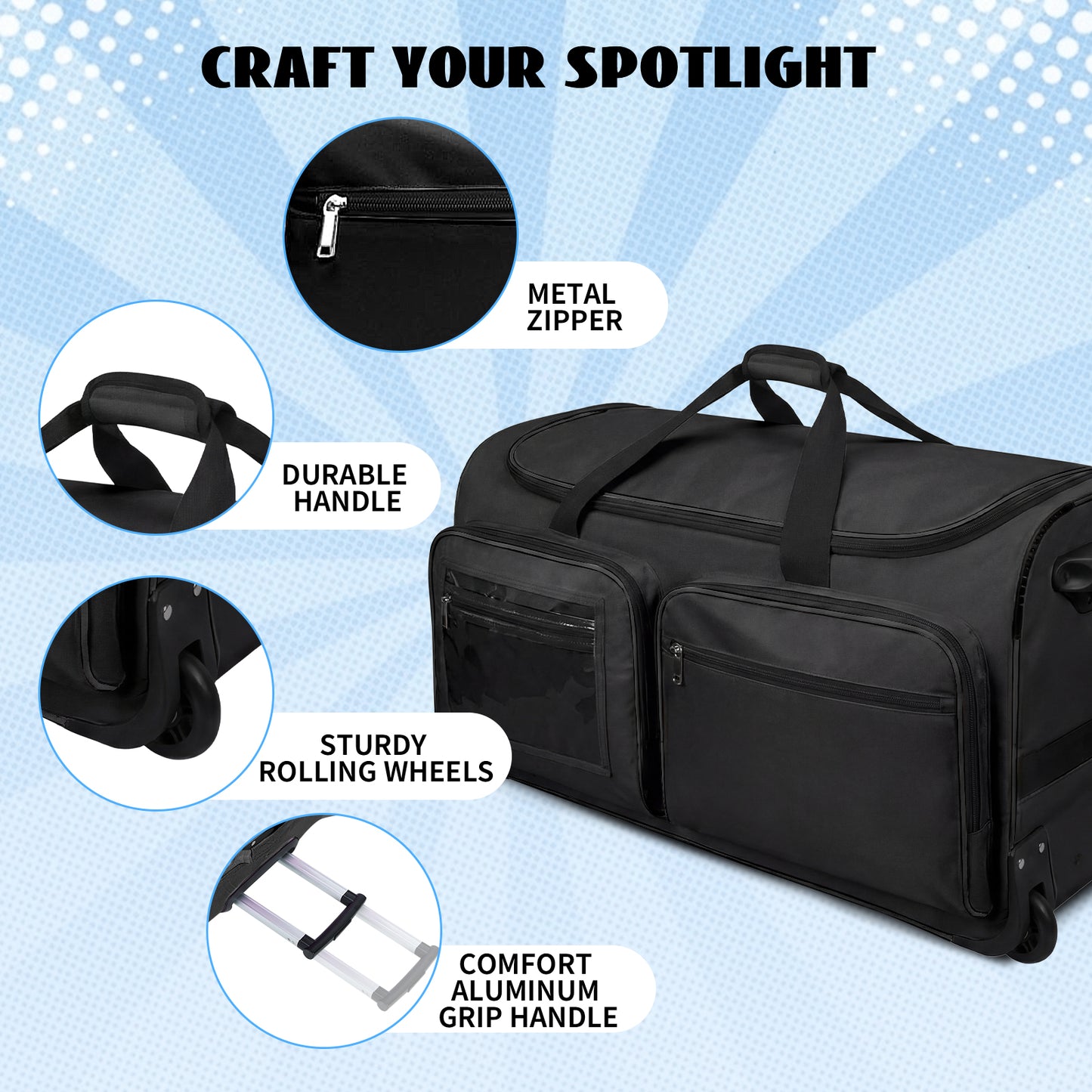 Fegat New Upgraded Dance Bag with Garment Rack,23" Lightweight Rolling Dance Duffel Bag Stable System Wheeled Costume Dance Bag for Dancers Shows Livestreamer Athletes