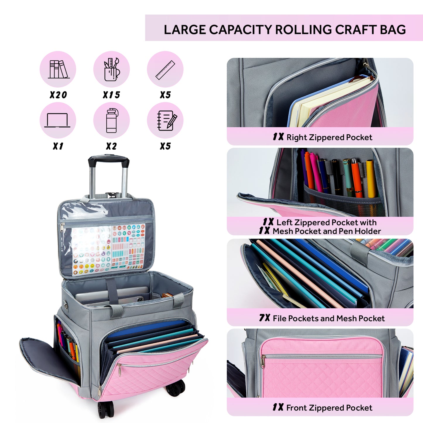 Fegat Rolling Craft Bag,Sewing Machine Tote,Large Sewing Accessories Storage with Wheels,Detachable Rolling Teacher Bag and Transport Tote for Craft,Teaching,Office