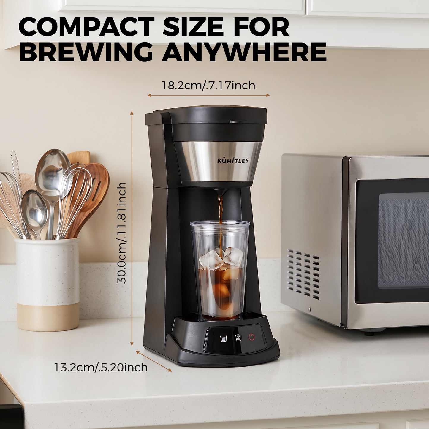 Kuhitley Single Serve Coffee Maker for Grounds,14oz Hot & Iced Coffee Brewer with 420ml Water Cup,700W Compact Machine with Reusable Mesh Filter,One Cup Coffee Maker for Home
