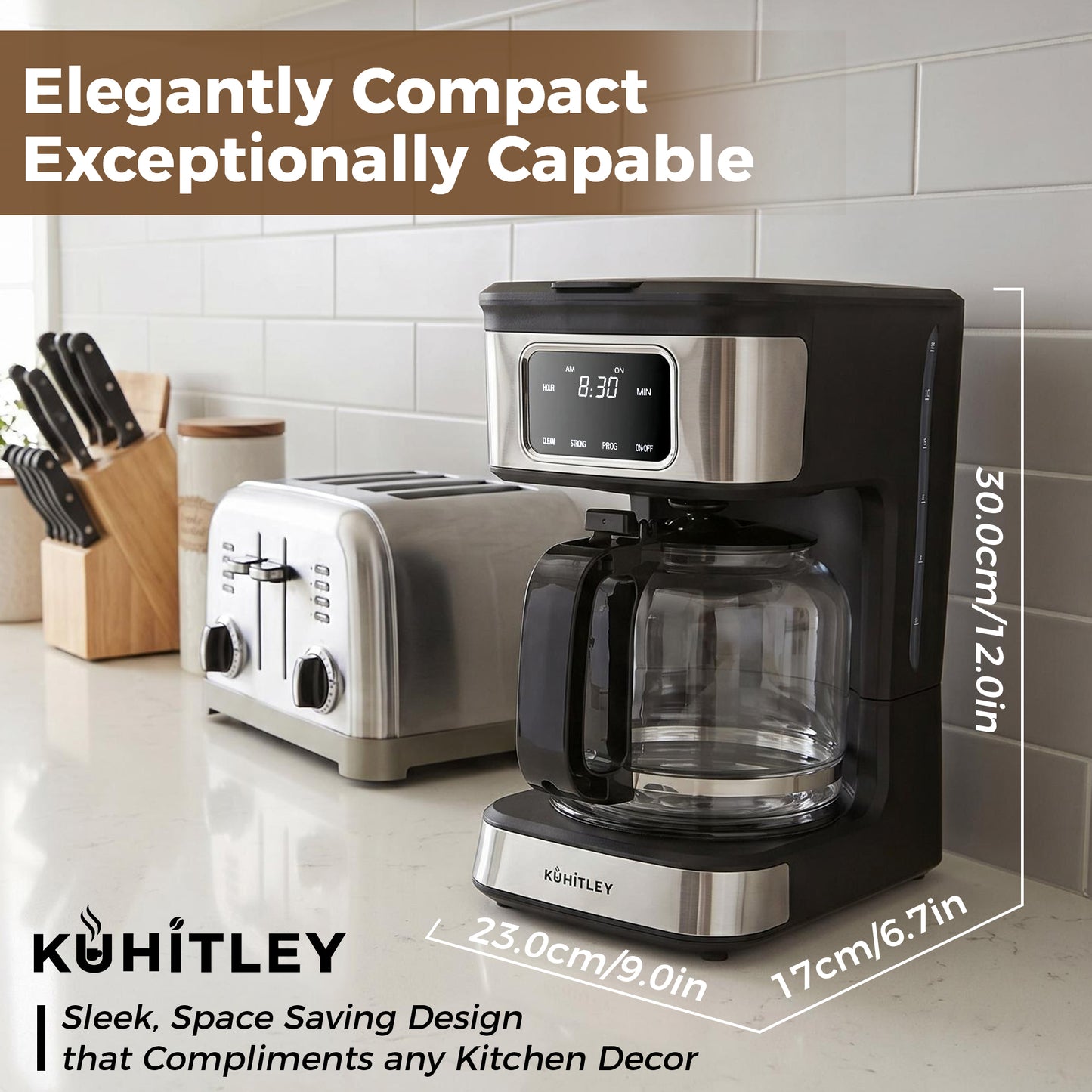 Kuhitley 12 Cup Drip Coffee Maker, 950W Automatic Coffee Machine with Programmable Timer, Strong Brew, 2-Hour Keep Warm & Auto Shut Off, 1.8L for Home Kitchen Daily Use,Black，CM-135ES2