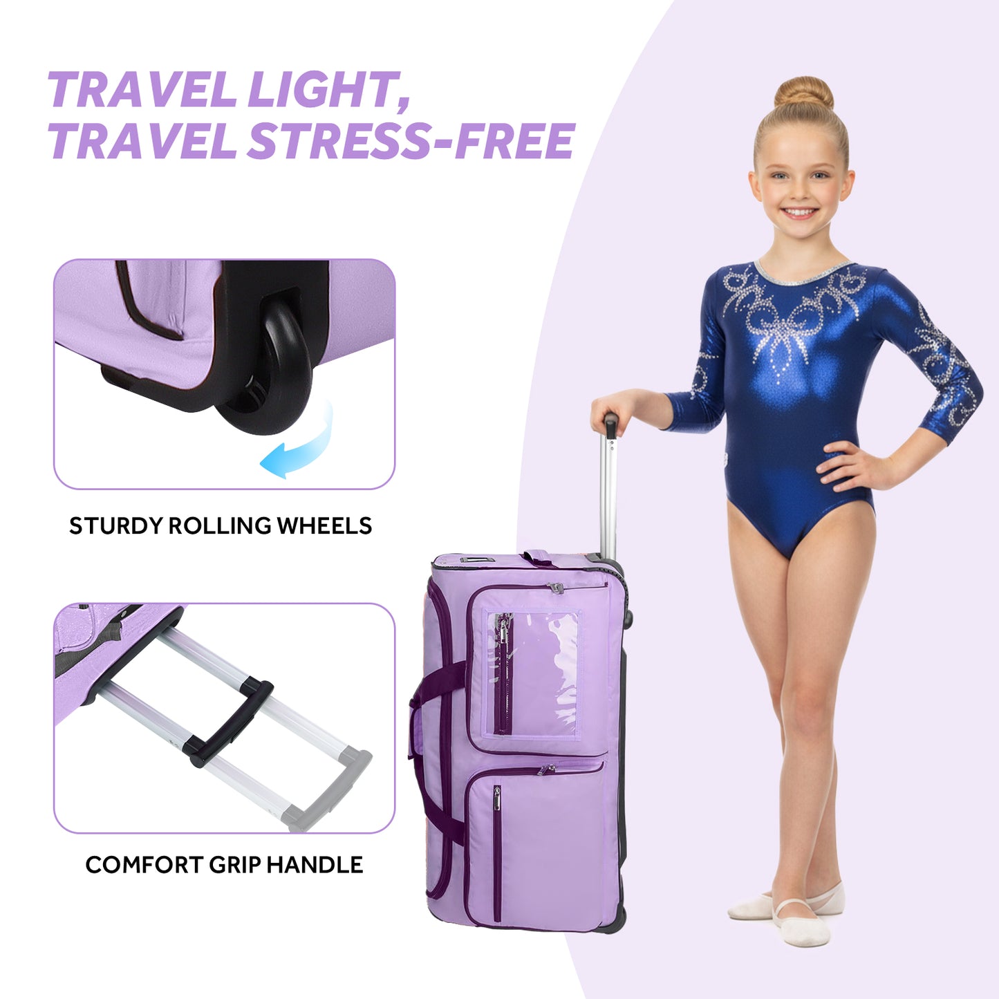 Fegat Dance Bag with Garment Rack - 28"Collapsible Rolling Competition Dance Duffle Bag Lightweight Costume Wheeled Suitcase for Dancers Shows Livestreamer Athletes,Purple