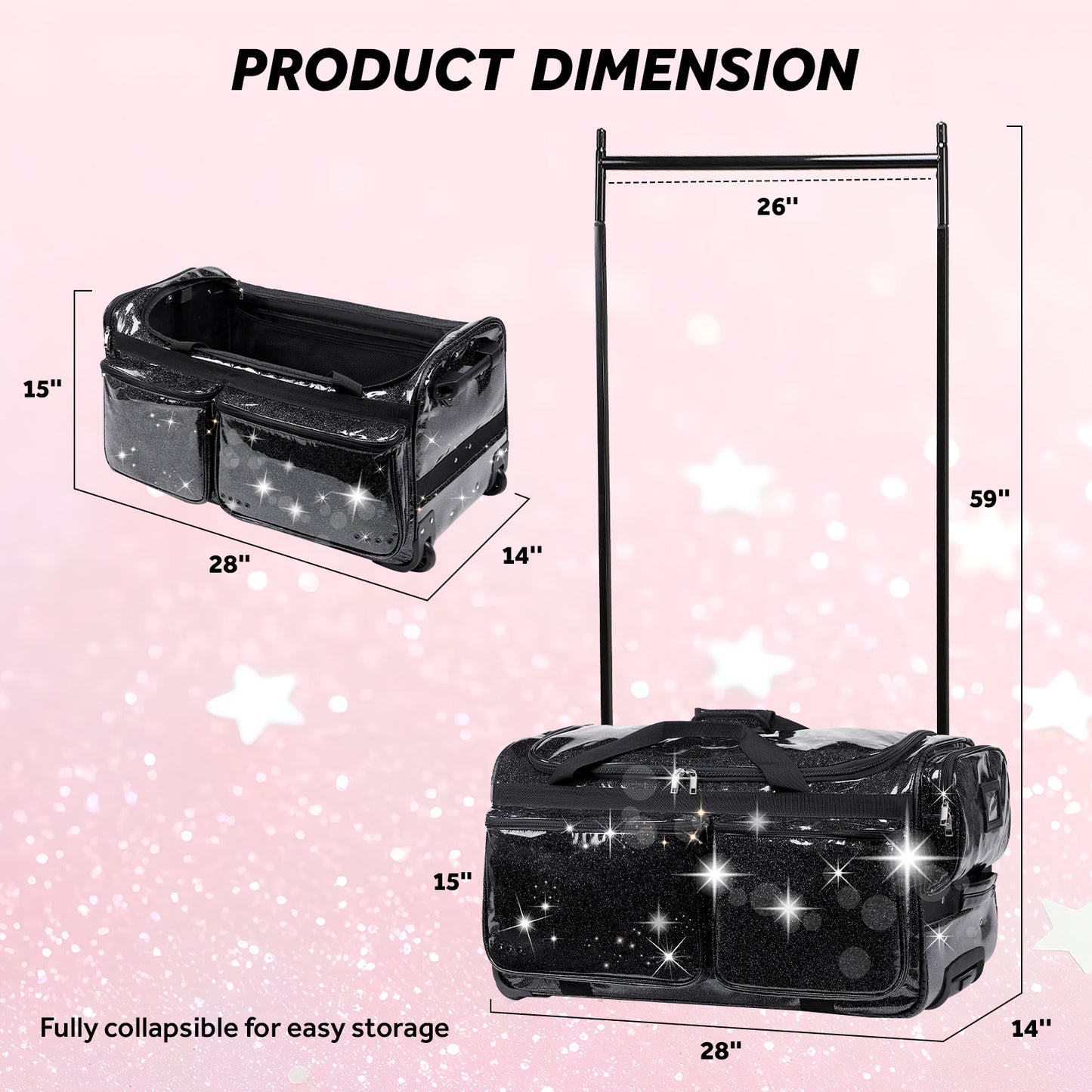 Fegat 28" Dance Bag with Garment Rack,Upgraded Collapsible Glittering Rolling Competition Dance Duffle Bag Lightweight Wear-Resistant Costume Wheeled Suitcase for Dancers Shows,Black