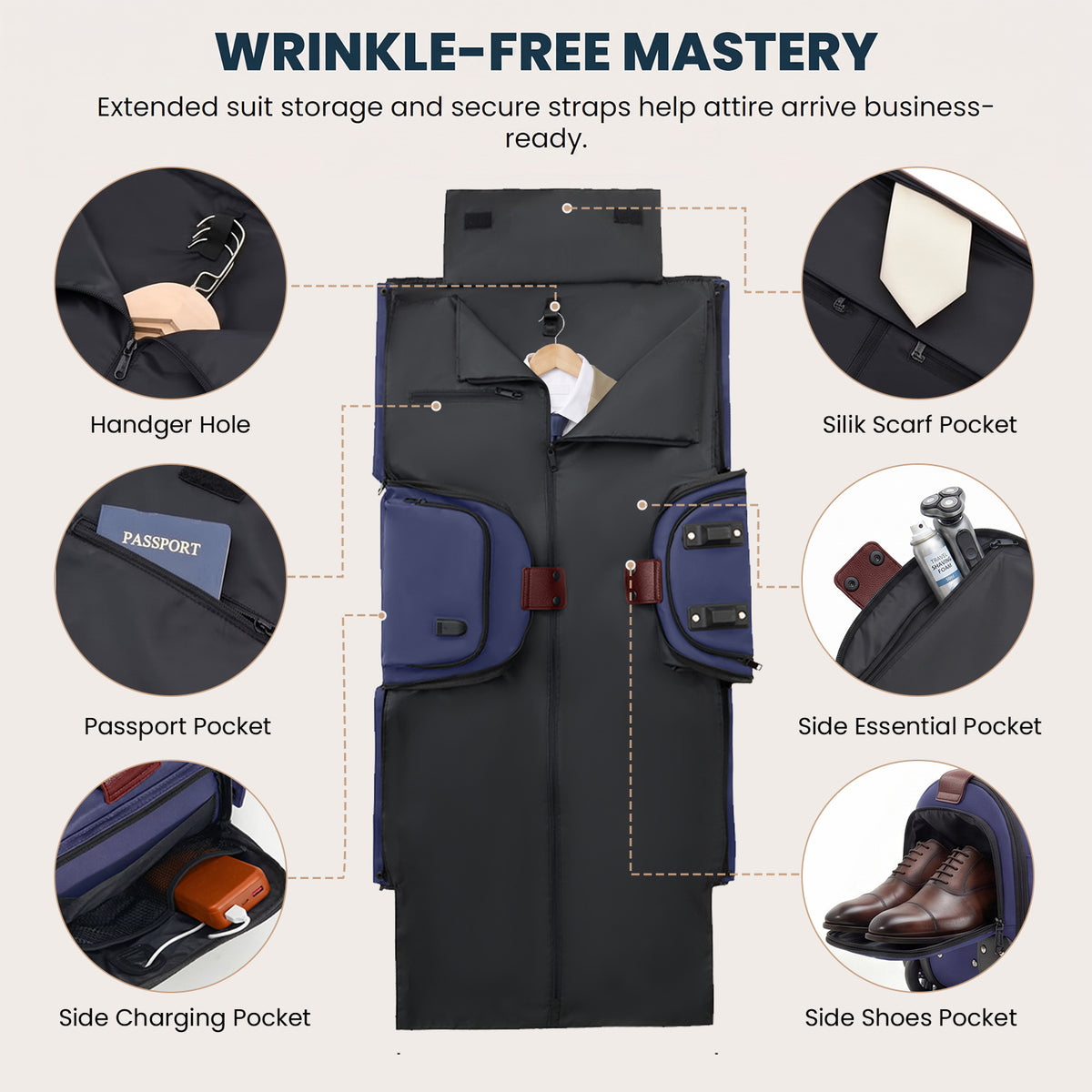 3-in-1 Rolling Garment Bag for Travel,Carry On Suit Travel Bag with Wheels,Shoe Compartment,Detachable Organizer,Wrinkle-Free Duffel Bag for Business Travel Wedding