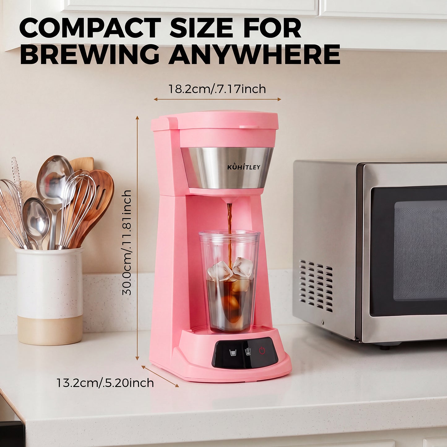 Kuhitley Single Serve Coffee Maker for Grounds,14oz Hot & Iced Coffee Brewer with 420ml Water Cup,700W Compact Machine with Reusable Mesh Filter,One Cup Coffee Maker for Home