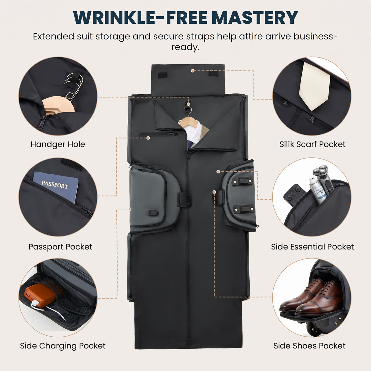 3-in-1 Rolling Garment Bag for Travel,Carry On Suit Travel Bag with Wheels,Shoe Compartment,Detachable Organizer,Wrinkle-Free Duffel Bag for Business Travel Wedding