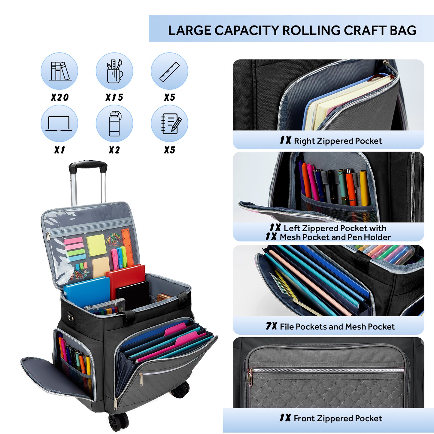 Fegat Rolling Craft Bag,Sewing Machine Tote,Large Sewing Accessories Storage with Wheels,Detachable Rolling Teacher Bag and Transport Tote for Craft,Teaching,Office